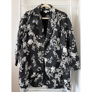Chico’s Black Silver Floral Jacquard Long Jacket Size 1 Hook Eye Lined